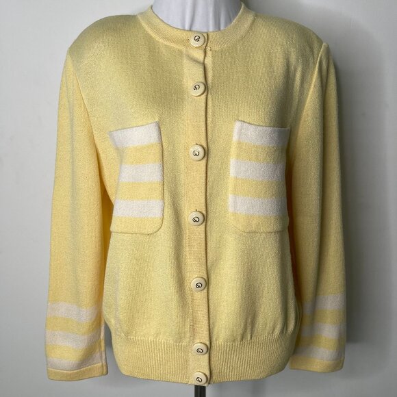 St. John Sweaters - St. John by Marie Gray Women's Yellow Knit Button Down Striped Cardigan 14